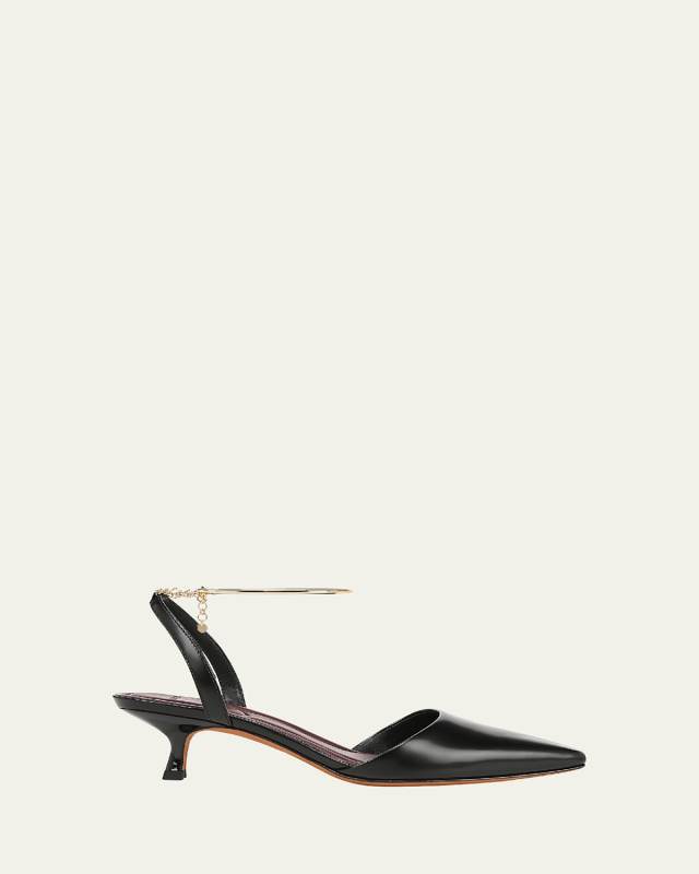Leather Ankle-Chain Slingback Pumps